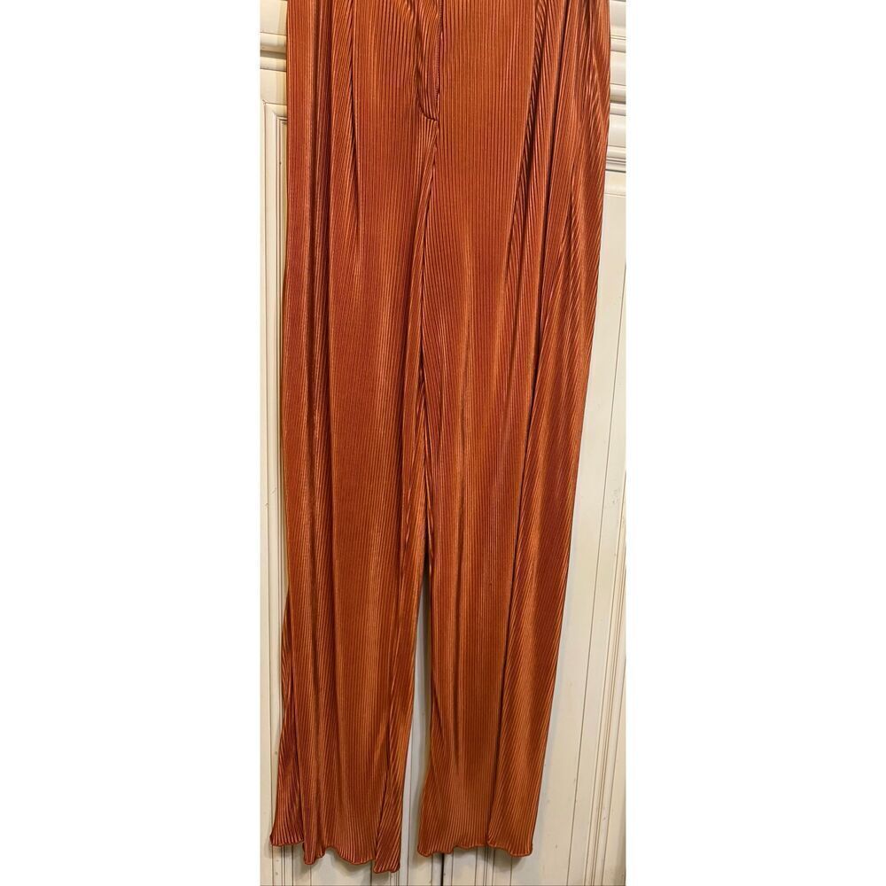 Nasty Gal Women's Ribbed Pleated Front Wide Leg Trouser Pants Rust Orange Size 8